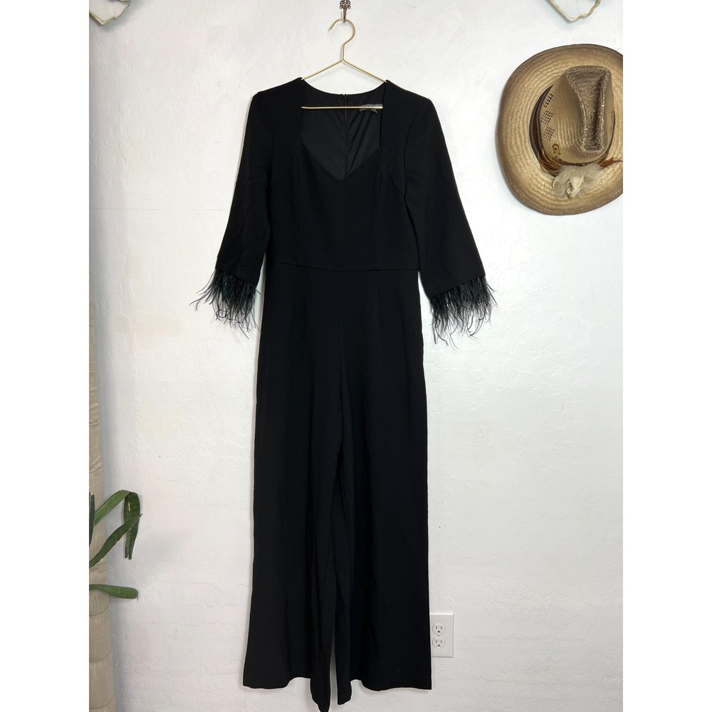 Julia Jordan Black Faux Feather Trim Cuff Crepe Wide Leg Jumpsuit Sweetheart
